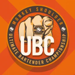 Monkey Shoulder UBC Ultimate Bartender Championship badge with a pointing fist wearing a ring on an orange background.