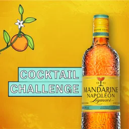 Mandarine Napoléon Liqueur bottle on a yellow background beside an illustrated mandarin branch and the words Cocktail Challenge.
