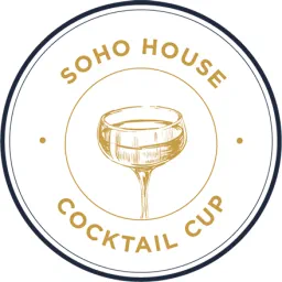 Soho House Cocktail Cup round badge with a gold illustration of a coupe glass inside a navy ring.