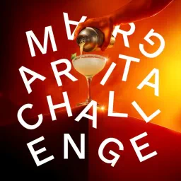 Hand pouring from a cocktail shaker into a salt-rimmed coupe on an orange backdrop, surrounded by scattered letters spelling Margarita Challenge.