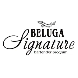 Beluga Signature bartender program logo in black script and serif lettering beneath a sturgeon illustration.