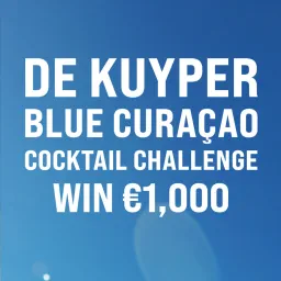 White text reading De Kuyper Blue Curaçao Cocktail Challenge, Win €1,000 on a blue sky background.