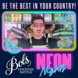 Bartender in light-up glasses shaking two cocktail shakers in a neon frame, with text: Be the best in your country, Bols Cocktail Battle, Neon Nights.