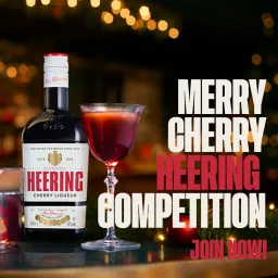 Heering Cherry Liqueur bottle and a red cocktail in a stemmed glass against festive lights, with text: Merry Cherry Heering Competition, join now.