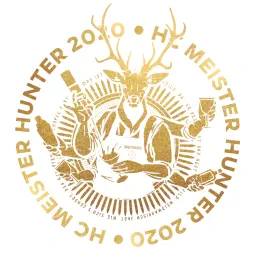 Gold HC Meister Hunter 2020 badge with the Jägermeister logo, showing a stag-headed bartender holding a shaker, bottles and a glass.