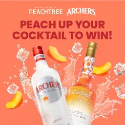 Bottles of Archers Schnapps and Peachtree peach liqueur with peach slices, ice and splashes under the words Peach up your cocktail to win!