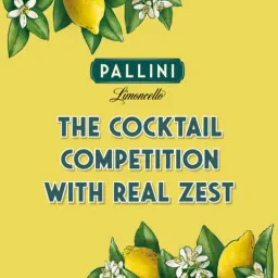 Pallini Limoncello logo on a yellow background framed by lemons and blossoms, with text: The cocktail competition with real zest.